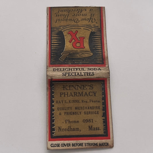 Kinne's Pharmacy Ray E. Kinne Needham MA Vintage Matchbook Cover TB8-MB2-2