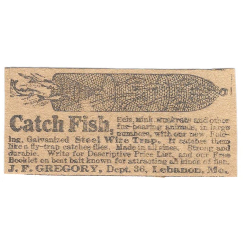 J.F. Gregory Lebanon MO Steel Fish Trap 1923 Magazine Ad Clip AE1-6