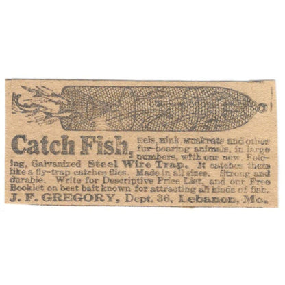 J.F. Gregory Lebanon MO Steel Fish Trap 1923 Magazine Ad Clip AE1-6