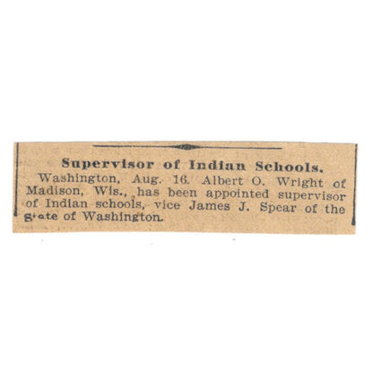 Albert O. Wright Appointed Supervisor of Indian Schools 1898 Newspaper Ad AF2-S1