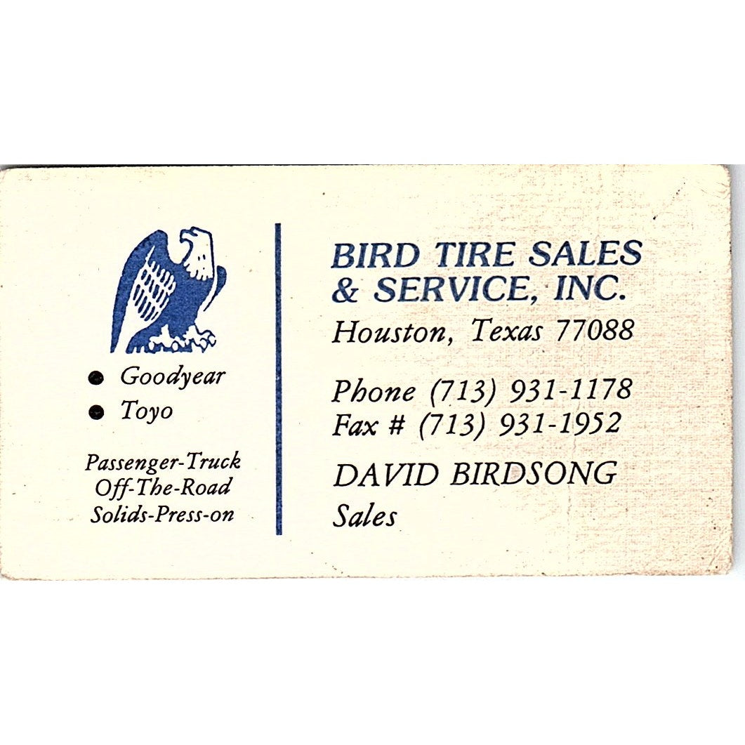 Bird Tire Sales David Birdsong Houston Vintage Business Card SC9-B2