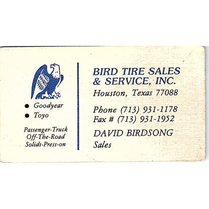 Bird Tire Sales David Birdsong Houston Vintage Business Card SC9-B2