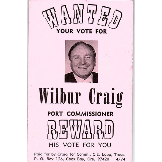 Wilbur Craig for Port Commissioner Coos Bay OR Vintage Business Card TH2-B1