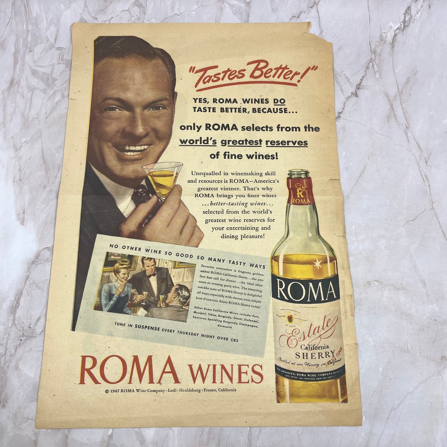 1947 Roma Wine Estate Sherry Fresno CA 10x13 Magazine Advertisement FL6-7