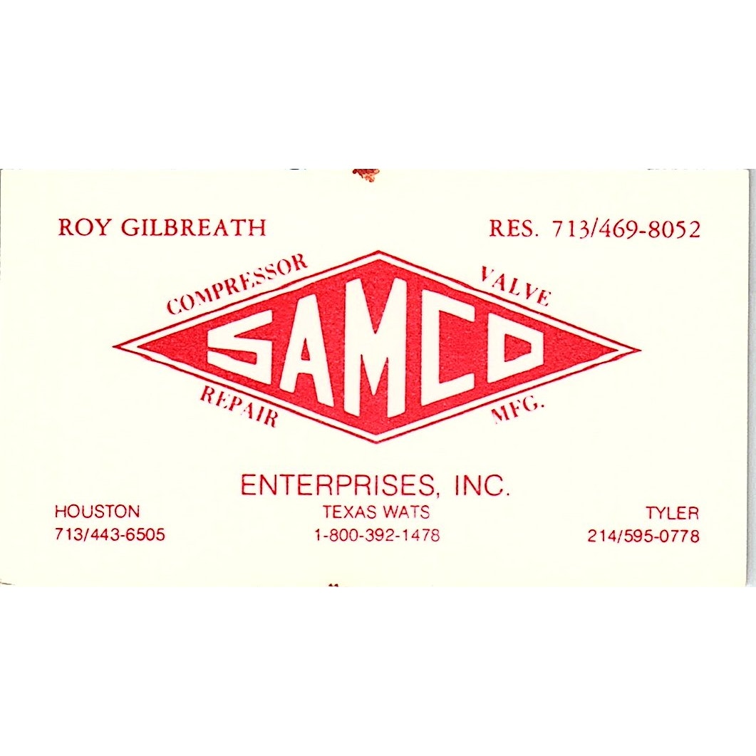 Roy Gilbreath Samco Enterprises Houston Tyler TX Vintage Business Card SE5-B1