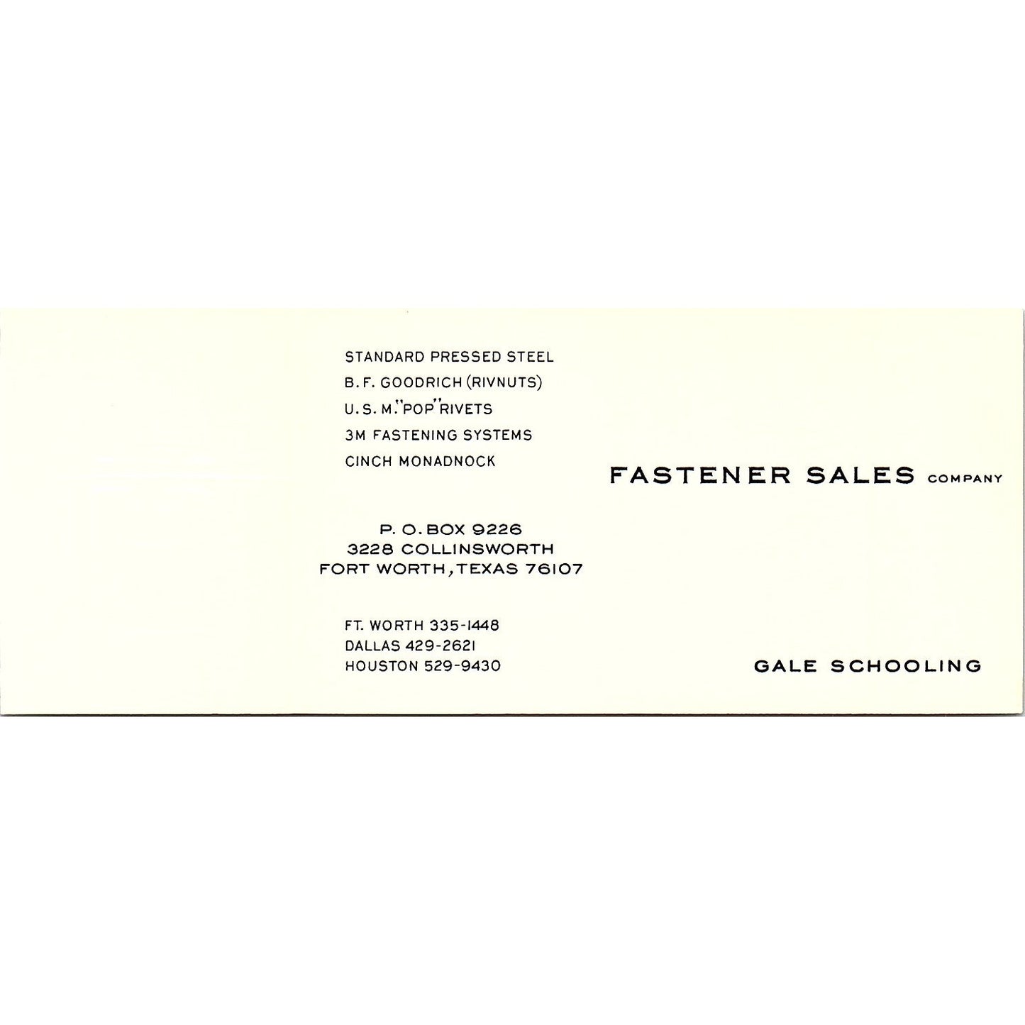Gale Schooling Fastener Sales Co Fort Worth TX Vintage Business Card SE5-B1