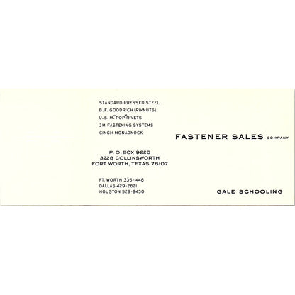 Gale Schooling Fastener Sales Co Fort Worth TX Vintage Business Card SE5-B1