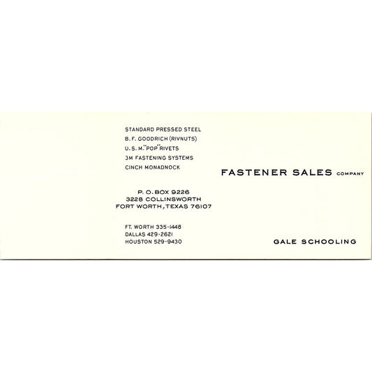Gale Schooling Fastener Sales Co Fort Worth TX Vintage Business Card SE5-B1
