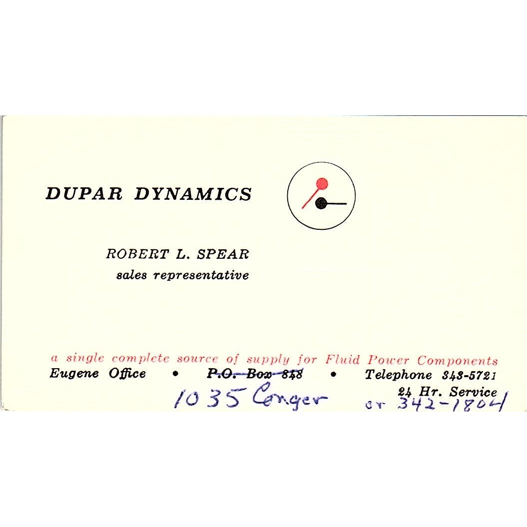 Dupar Dynamics Robert L. Spear Eugene Oregon Vintage Business Card SB4-B11