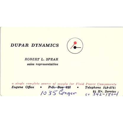 Dupar Dynamics Robert L. Spear Eugene Oregon Vintage Business Card SB4-B11