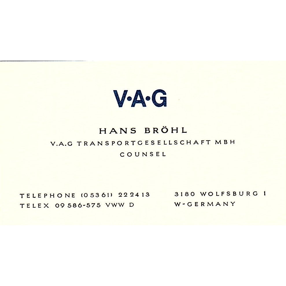 V.A.G Hans Bröhl West Germany Vintage Business Card SC9-B6