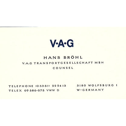 V.A.G Hans Bröhl West Germany Vintage Business Card SC9-B6