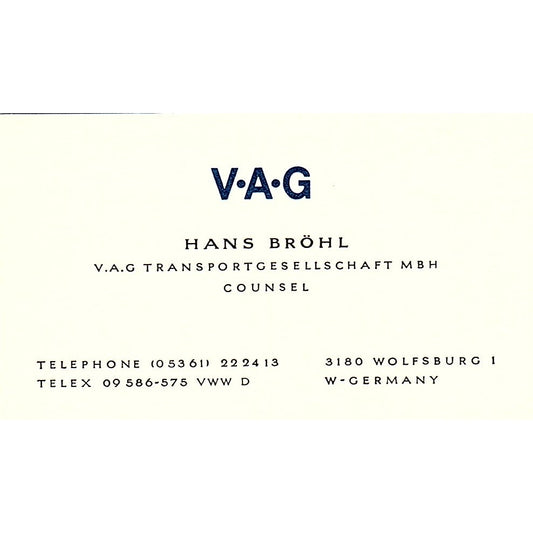 V.A.G Hans Bröhl West Germany Vintage Business Card SC9-B6