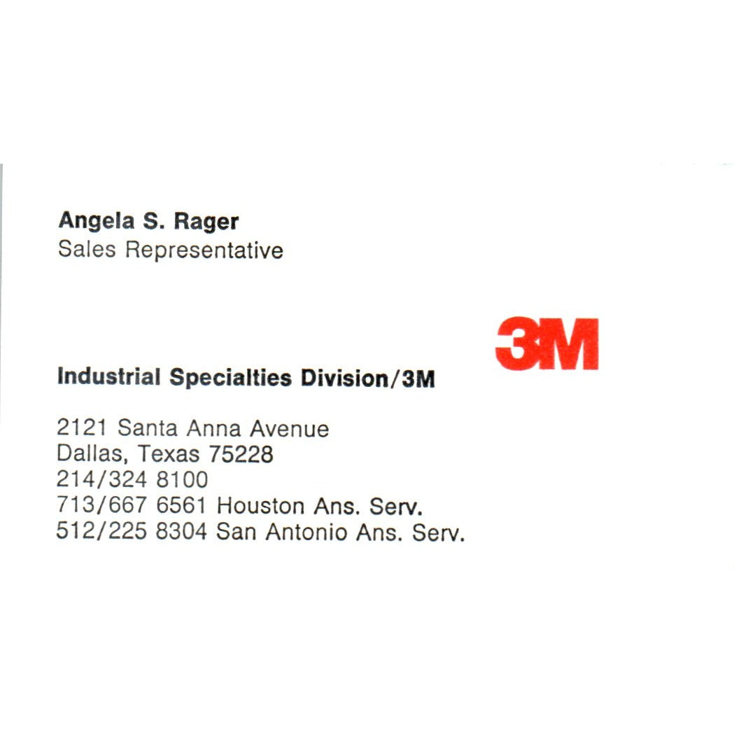 Angela S. Rager 3M Industrial Specialties Dallas TX Vintage Business Card SE3-B3