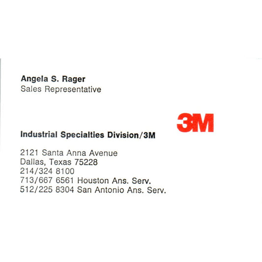 Angela S. Rager 3M Industrial Specialties Dallas TX Vintage Business Card SE3-B3