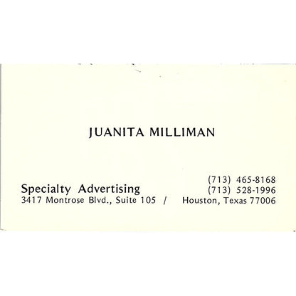 Junita Milliman PBS Specialty Advertising Houston Vintage Business Card SE3-B16