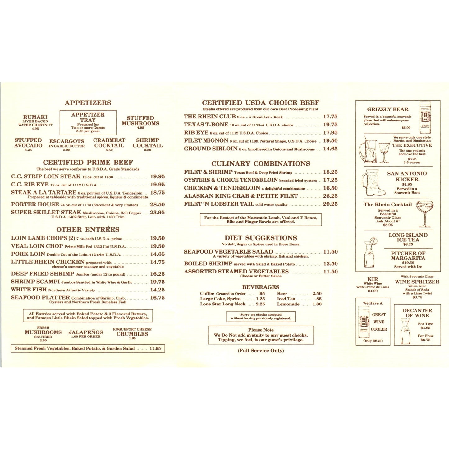1970s Phelps' Little Rhein Steak House Pocket Menu San Antonio TX TF4-BC