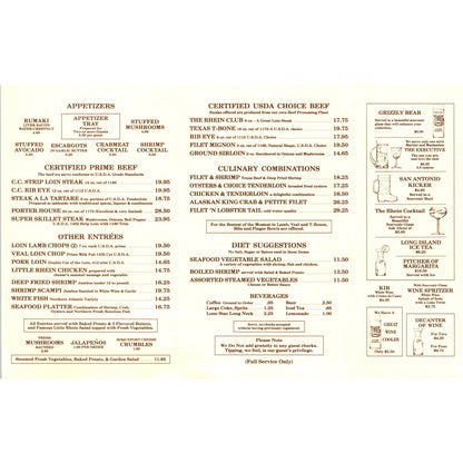 1970s Phelps' Little Rhein Steak House Pocket Menu San Antonio TX TF4-BC