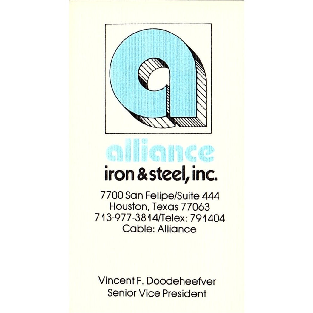 Vincent F Doodeheefver Alliance Iron & Steel Houston Vtg Business Card SC9-B12