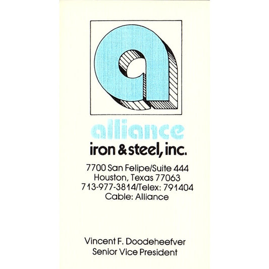 Vincent F Doodeheefver Alliance Iron & Steel Houston Vtg Business Card SC9-B12