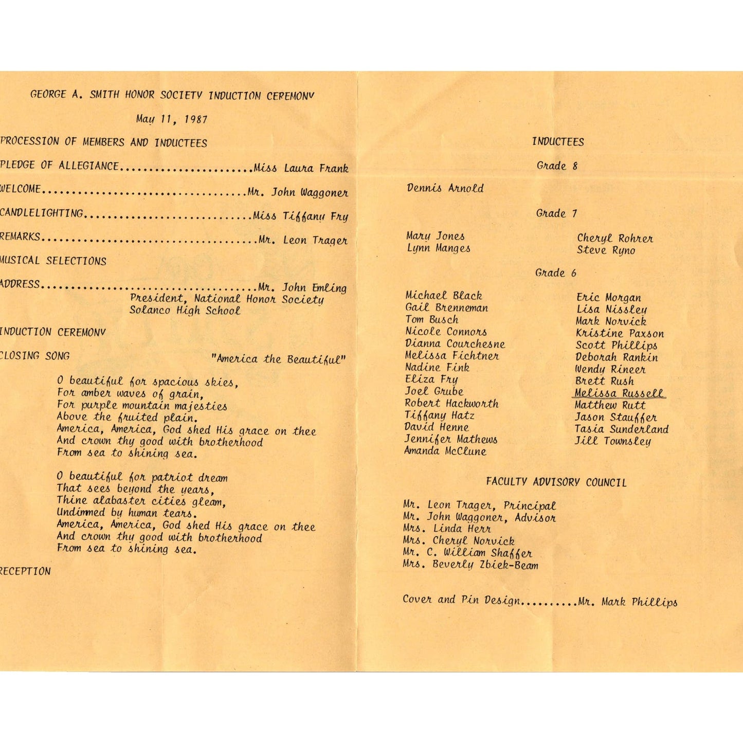 1987 George A. Smith High School Honor Society Induction Program Leon Trager AE5