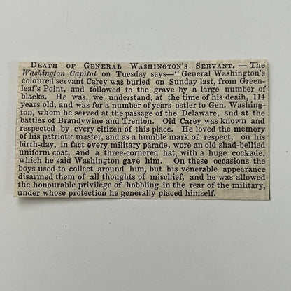 John Carey George Washington Emancipated Servant Obituary 1843 Clipping AI5-S26
