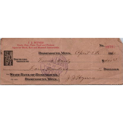 1920 J.J. Hynes Grain & Produce Buick Reo Maxwell Rosemount MN Bank Check AJ4-2