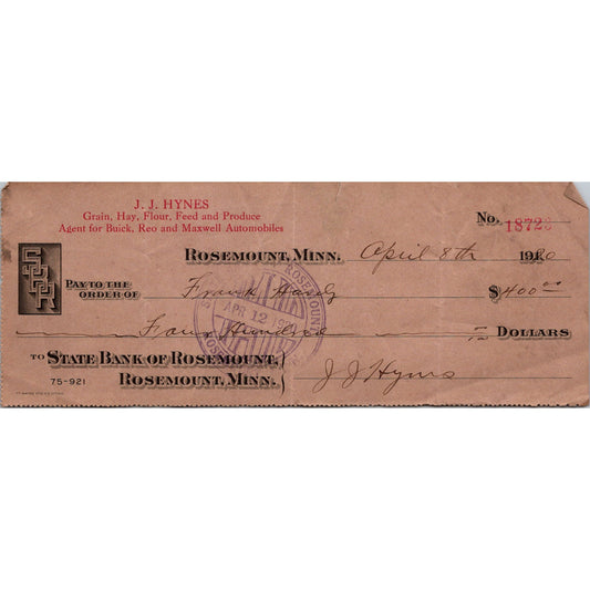 1920 J.J. Hynes Grain & Produce Buick Reo Maxwell Rosemount MN Bank Check AJ4-2