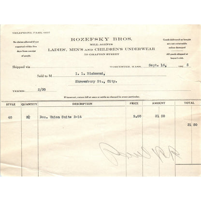 Rozesky Bros Mill Agents Worcester MA 1925 Original Billhead Letterhead D8-LL