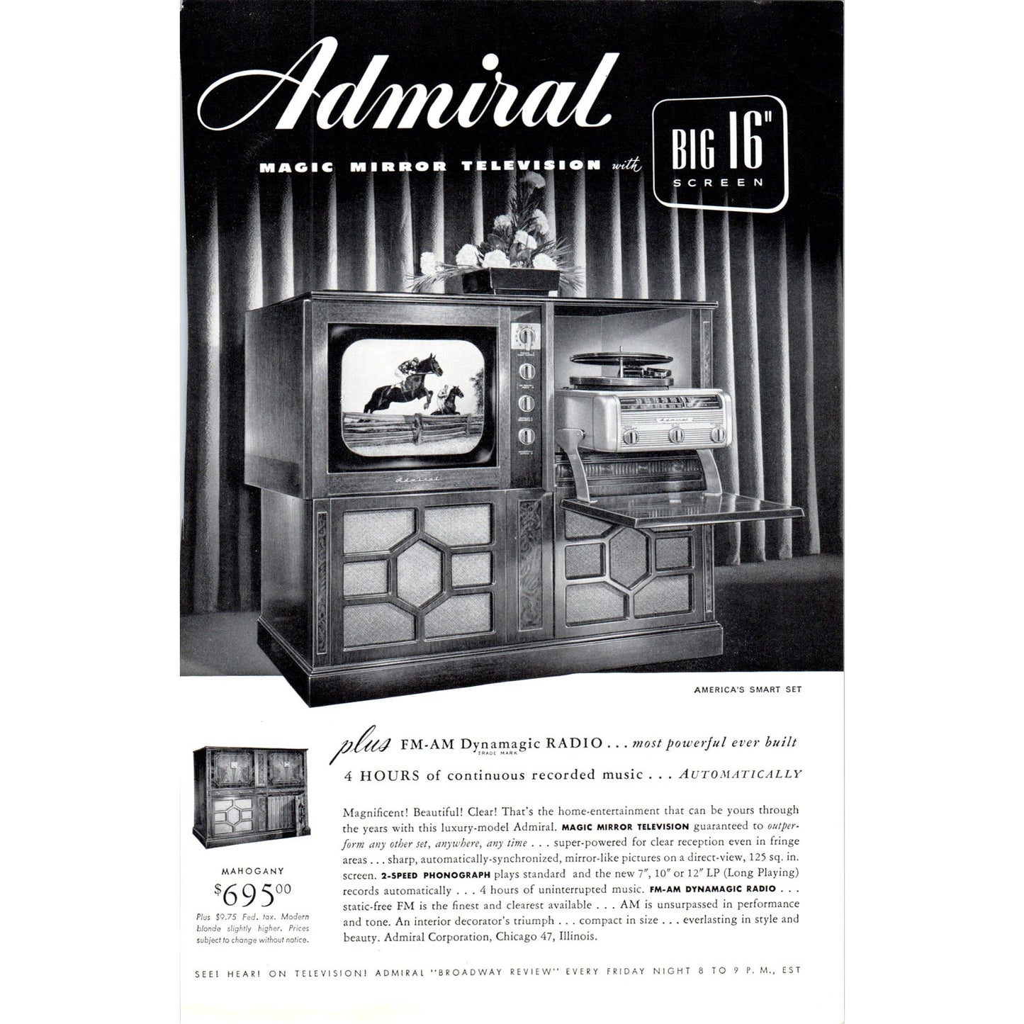 Admiral Magic Mirror Mahogany Television TV Teleset - Vintage Magazine Ad D20