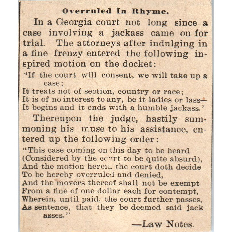 Jackass in a Georgia Court Milwaukee 1898 Newspaper Clip AF7-SS9