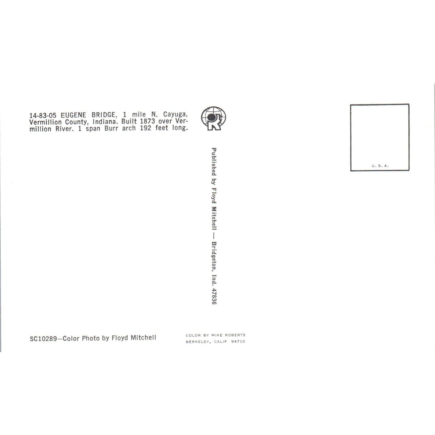 Eugene Bridge Vermillion County Indiana Covered Bridge Postcard PB13