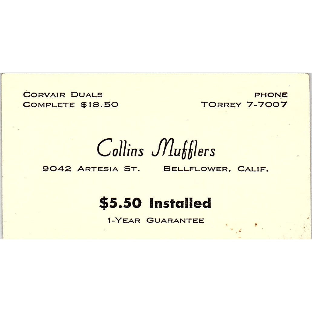 Collins Mufflers 9042 Artesia Street Bellflower CA Vintage Business Card SE3-B13