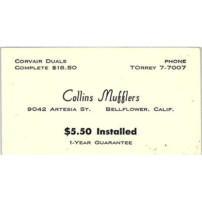 Collins Mufflers 9042 Artesia Street Bellflower CA Vintage Business Card SE3-B13
