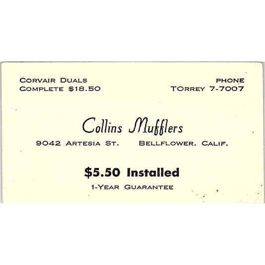 Collins Mufflers 9042 Artesia Street Bellflower CA Vintage Business Card SE3-B13