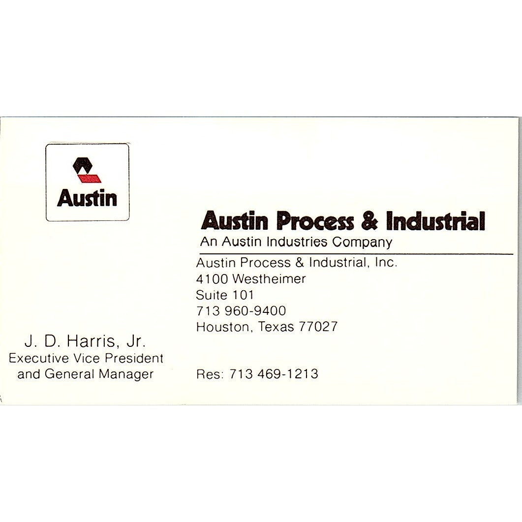 Austin Process & Industrial J.D. Harris Houston TX Vintage Business Card SB4-B2