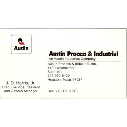 Austin Process & Industrial J.D. Harris Houston TX Vintage Business Card SB4-B2