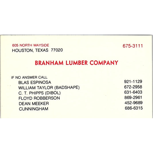 Blas Espinosa Branham Lumber Company Houston TX Vintage Business Card SD9-B4