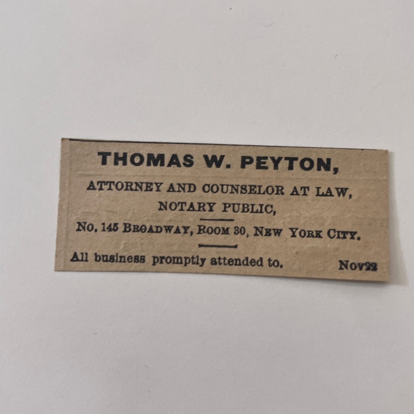 Thomas W Peyton Attorney New York City 1878 Ad AG2-M16