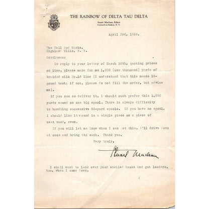 1929 Letter Rainbow of Delta Tau Delta Stuart Maclean to Hall Rod Works C30