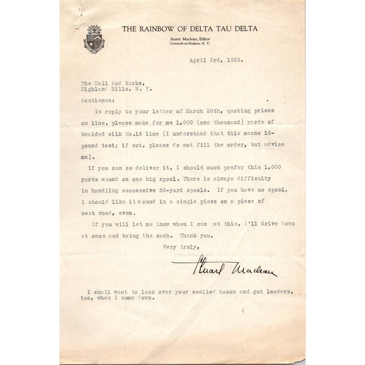 1929 Letter Rainbow of Delta Tau Delta Stuart Maclean to Hall Rod Works C30