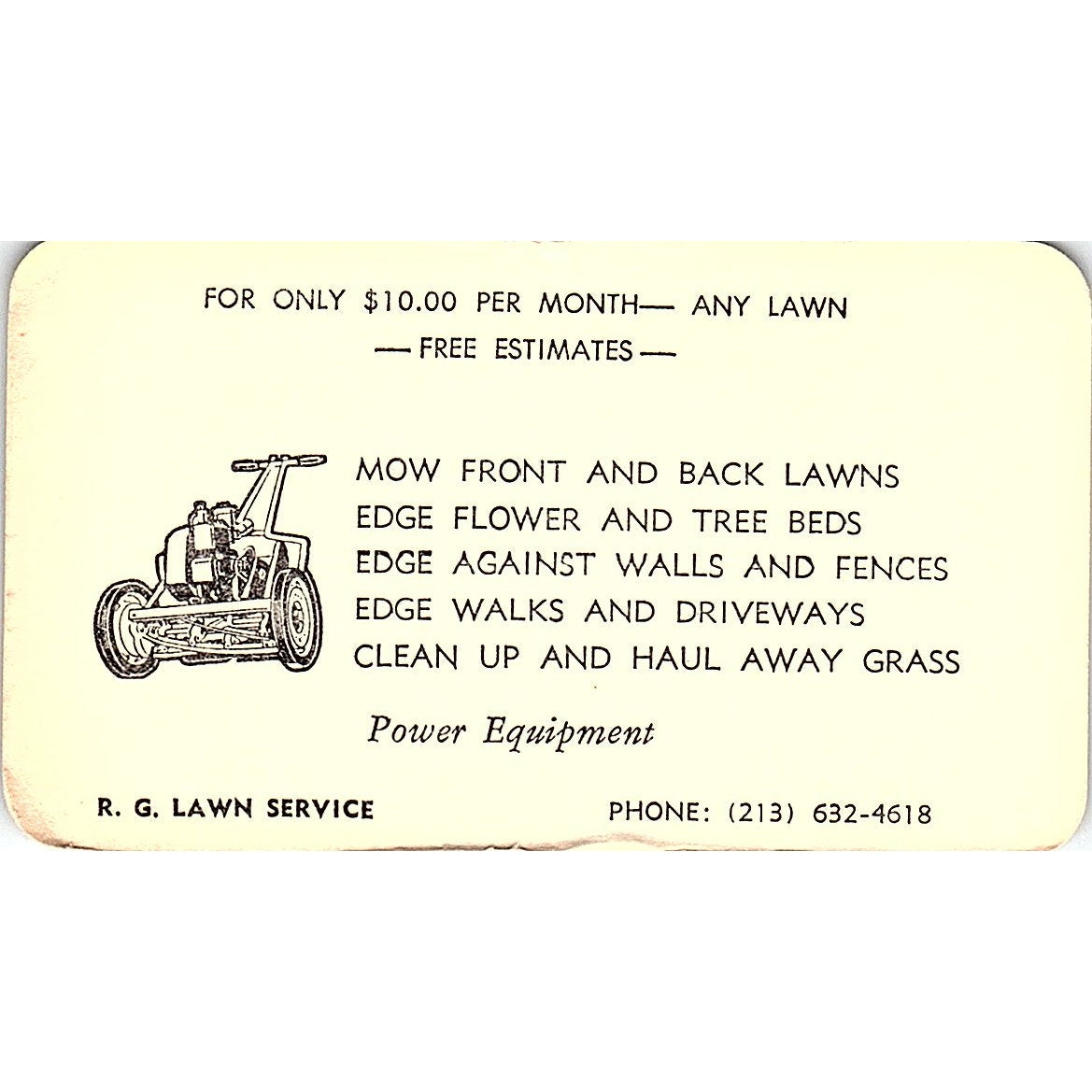 R.G. Lawn Service Long Beach CA Vintage Business Card ML1-6