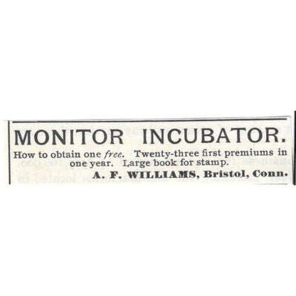A.F. Williams Monitor Incubator Bristol CT 1892 Ad AG2-S23