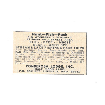 Ponderosa Lodge Hunt-Fish-Pack Pinedale Wyoming 1977 Ad AF6-S1