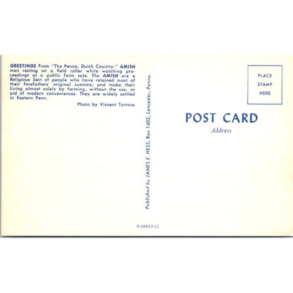 Amish Men on a Field Roller at Public Farm Sale PA Dutch Vintage Postcard PD4