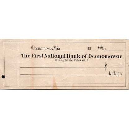 c1910 First National Bank of Oconomowoc WI Bank Check AI9-H4