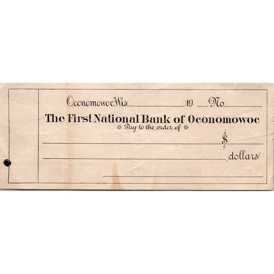 c1910 First National Bank of Oconomowoc WI Bank Check AI9-H4