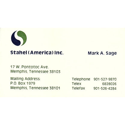 Stahel America Inc Mark A Sage memphis TN Vintage Business Card SC9-B2