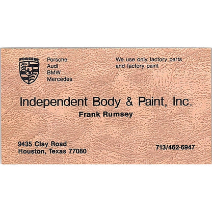 Frank Rumsey Independent Body & Paint Houston Vintage Business Card SE3-B14