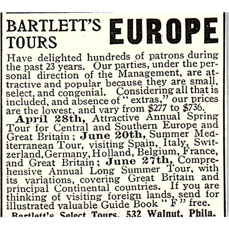 Bartlett's Select Tours of Europe Walnut Philadelphia 1903 Ad AF8-S25